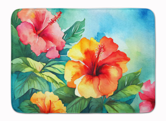 Hawaii Hawaiian Hibiscus in Watercolor Memory Foam Kitchen Mat Machine Washable Anti-Fatigue Mat Cushion Comfort Bath Mat or Kitchen Rug